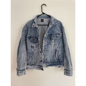 Vtg USA Lee Sz L(42-44) Button Front Crop Denim Trucker Jacket Light Wash Grunge